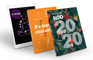 Na obrázku sú knihy D. Tichej - kód 2020, Ba-mama chalani a tablet s e-bookom